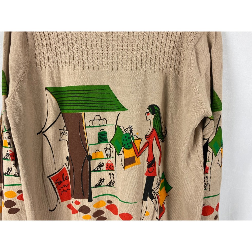 Womens Beige Shopping Scene Graphic Knit Sweater Long Sleeve Crew Neck - Picture 14 of 15